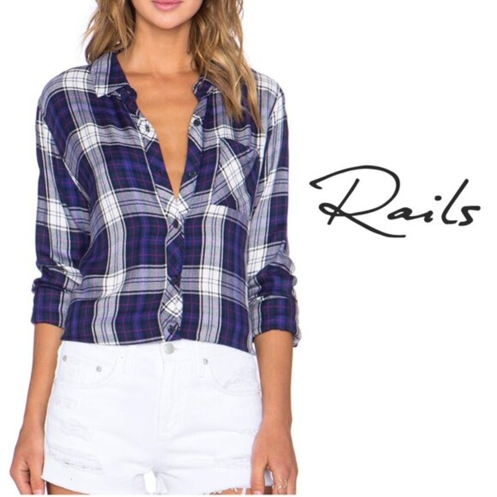 Rails XS Top Button Down V Neck Shirt Hunter Ultra Violet Plaid Flannel Purple